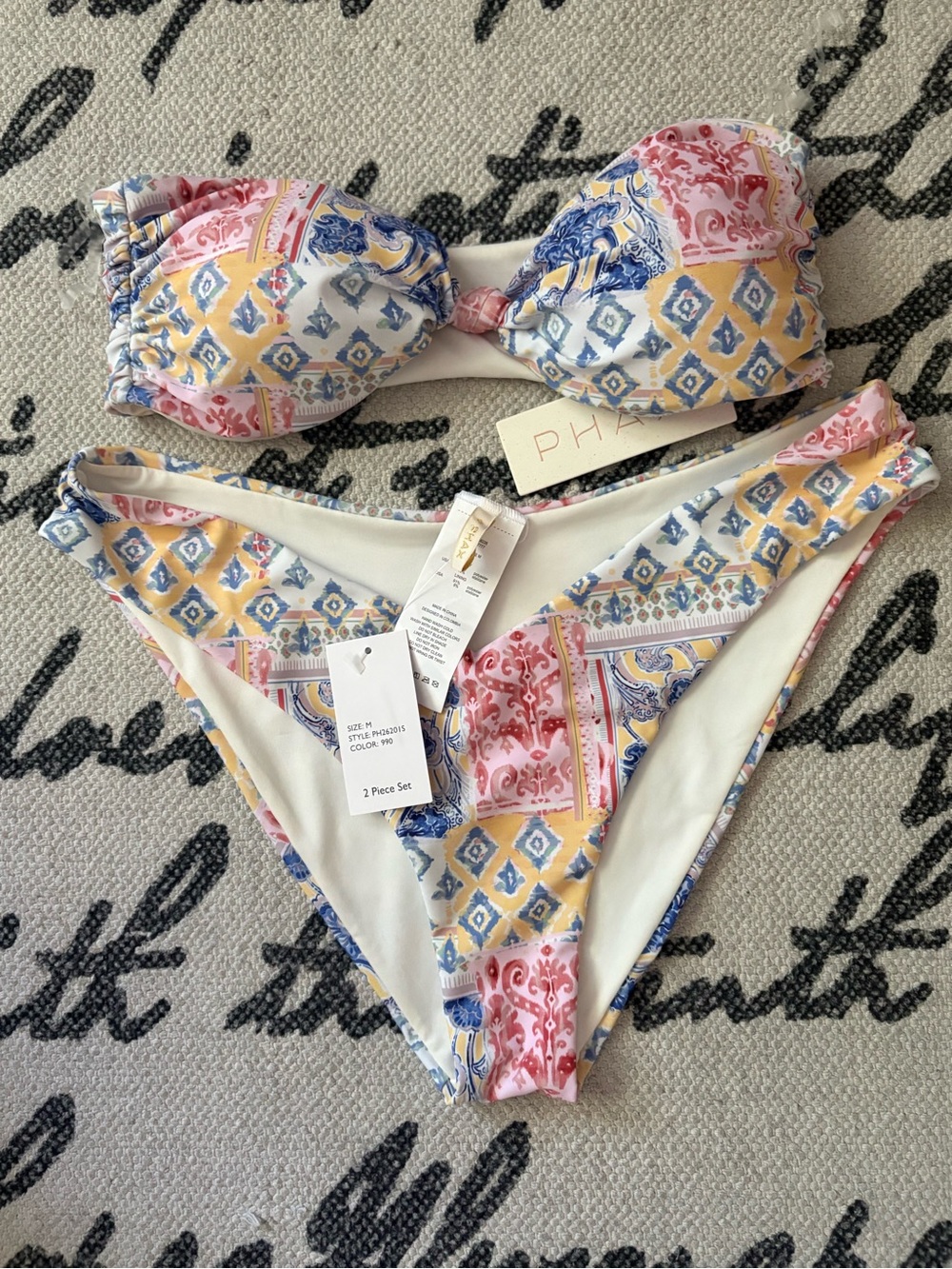 Floral Tile Print Bandeau Bikini Set in Cream, Pink & Blue